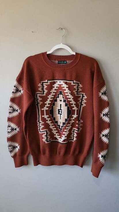 Sterling Kreek Sweaters - Sterling Kreek Rust Southwestern Aztec Print Crewneck Sweater, Size M